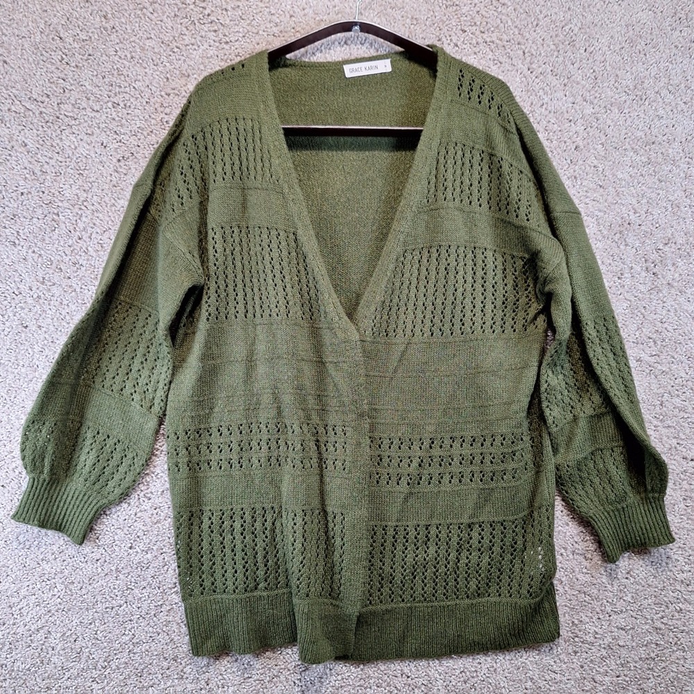 Grace Karin Cardigan Women M Green Pointelle Knit Open Front Boho Casual Cozy